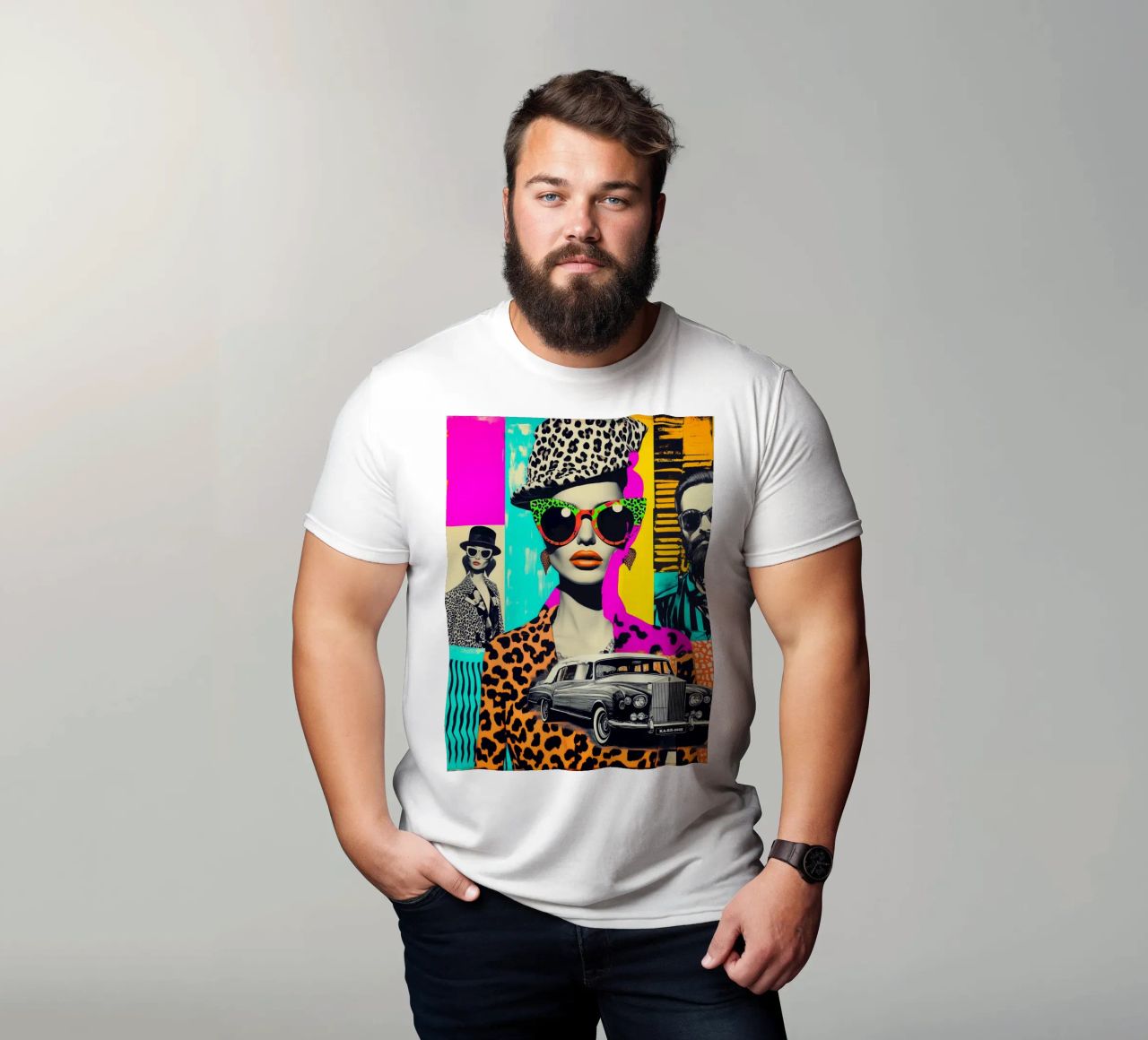 Selfie con Rolls Roys | Neon Pop Art Collage camiseta de Autofocus