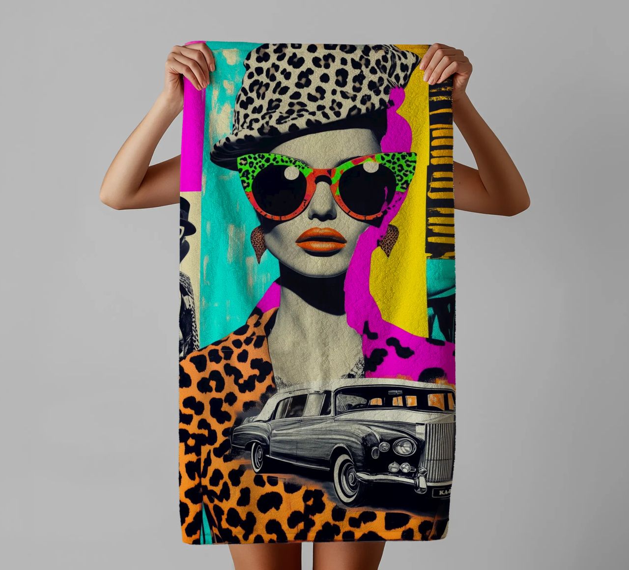 Selfie with Rolls Roys | Neon Pop Art Collage towel by Autofocus