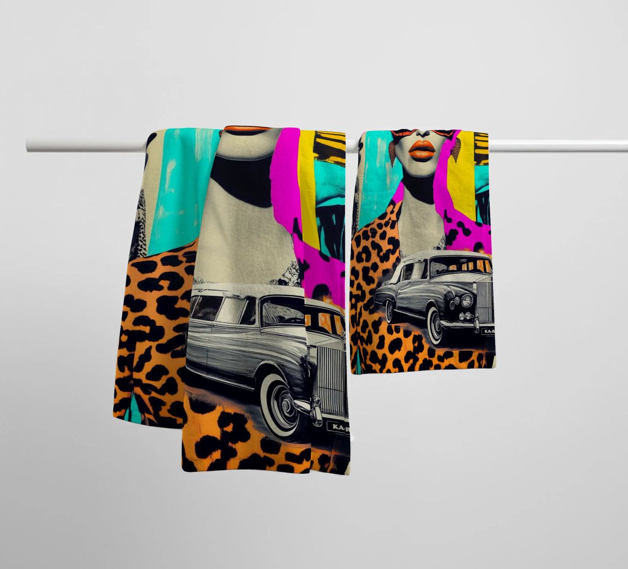 Selfie with Rolls Roys | Neon Pop Art Collage towel by Autofocus