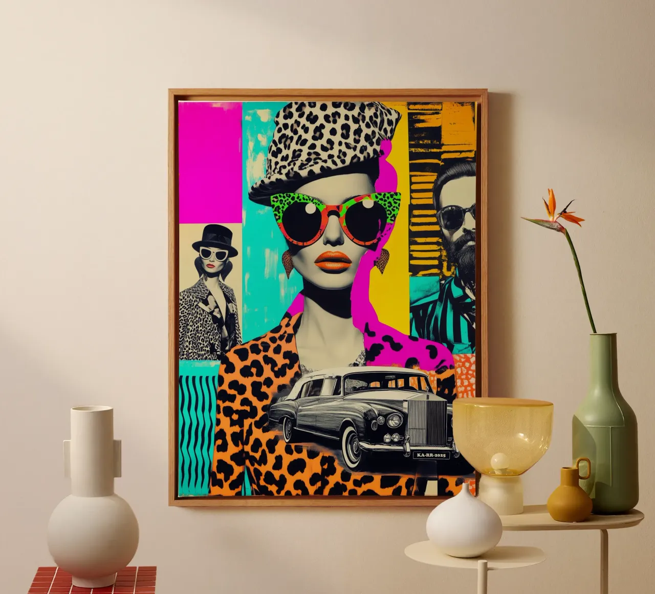 Rolls Roys Neon Pop Art Collage | Vintage Glamour Street Art tela con Cornice a cassetta da Autofocus