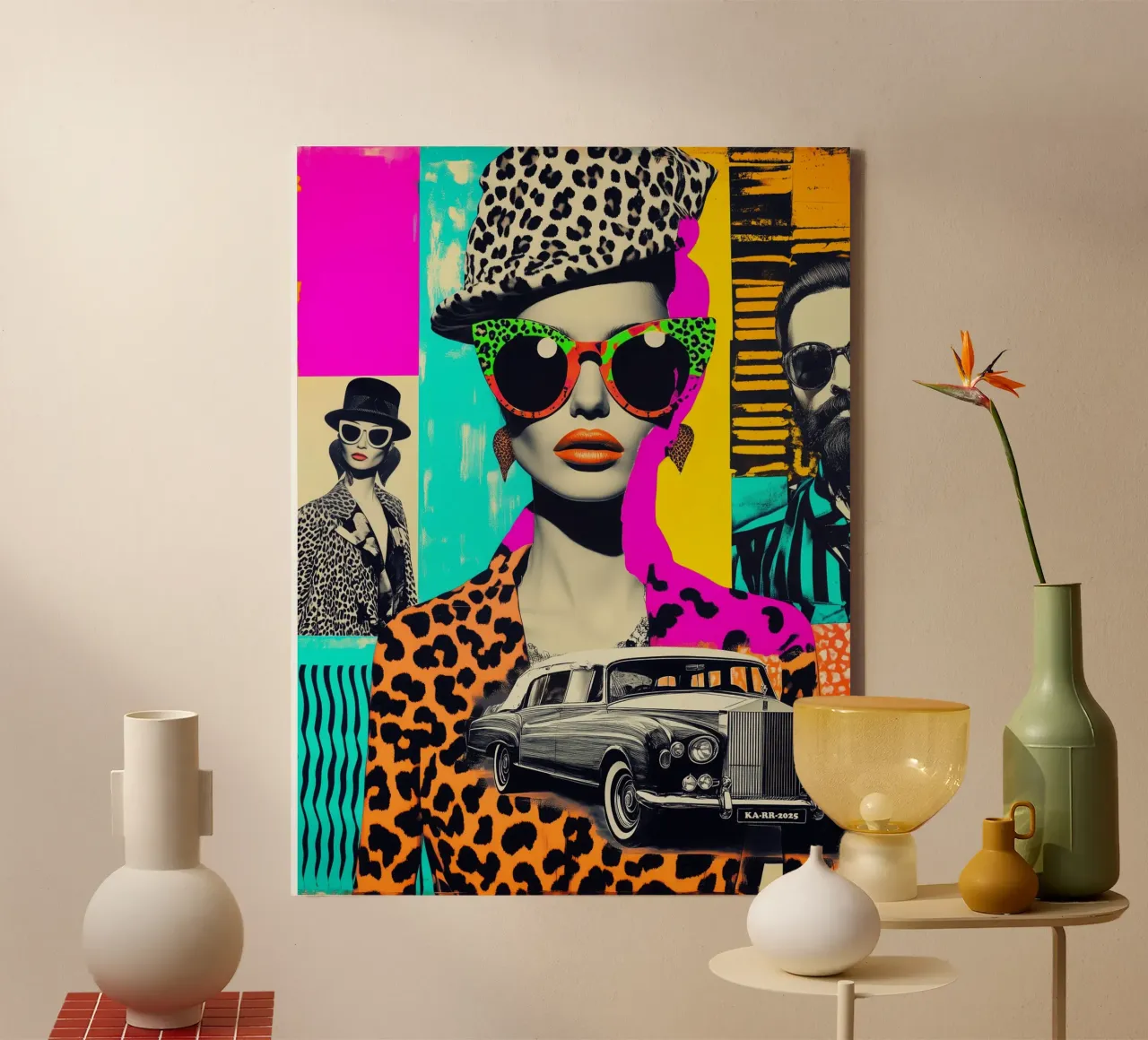 Rolls Roys Neon Pop Art Collage | Vintage Glamour Street Art tela con Cornice a cassetta da Autofocus