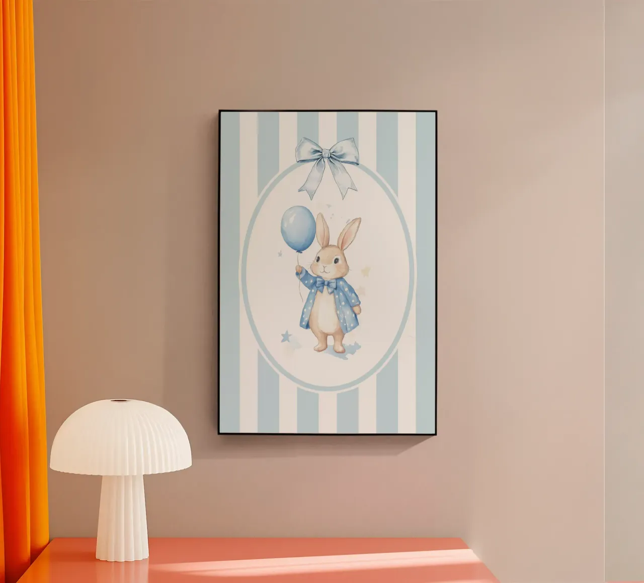 Coniglietto che tiene in mano un palloncino blu plexiglass da Jungle Joy Art