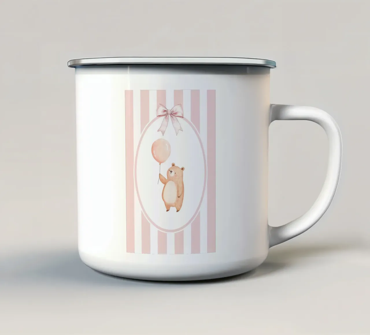 Orso che tiene in mano un palloncino rosa tazza in smalto da Jungle Joy Art