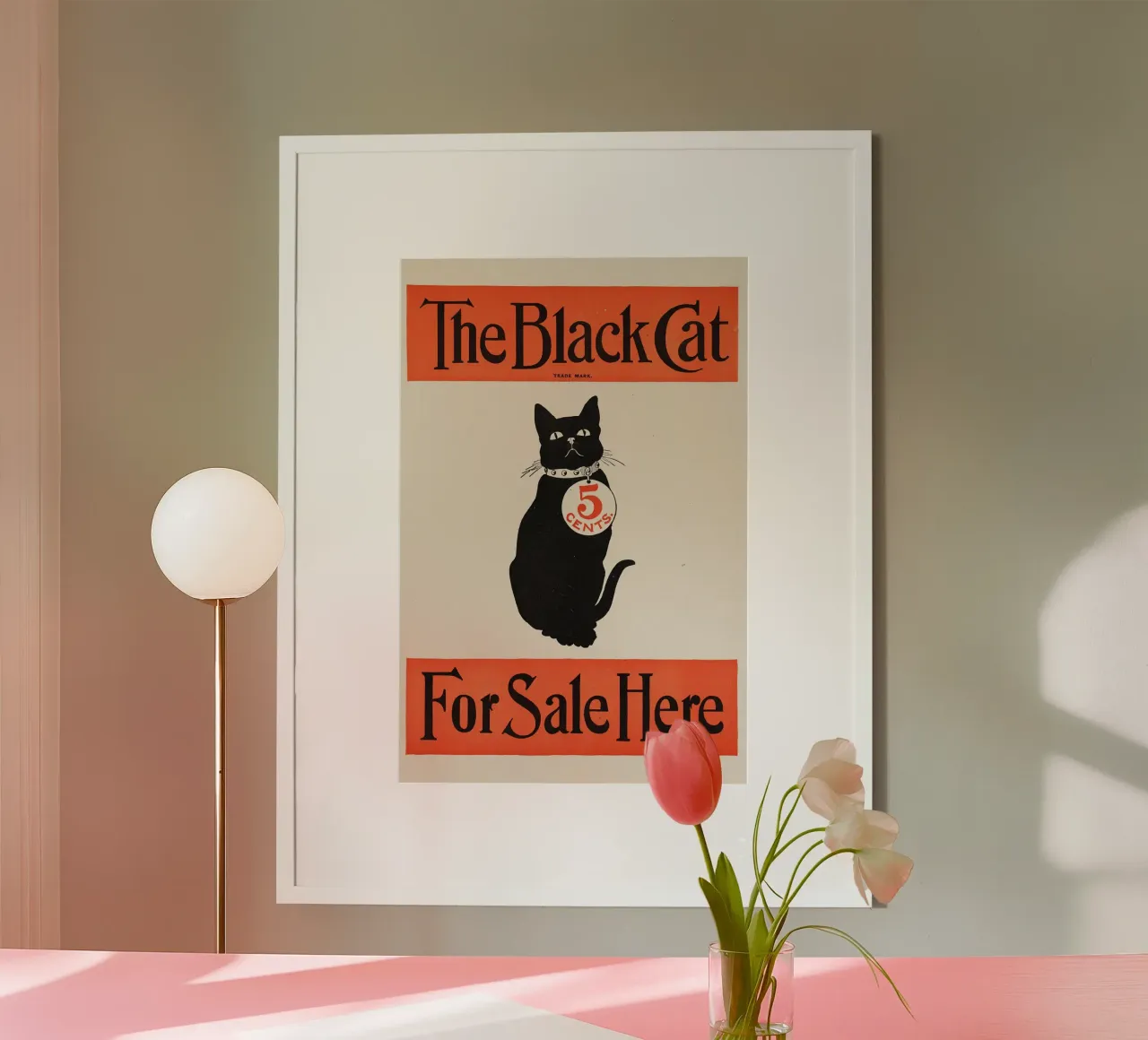 The black cat for sale here poster con telaio in alluminio da Old Masters