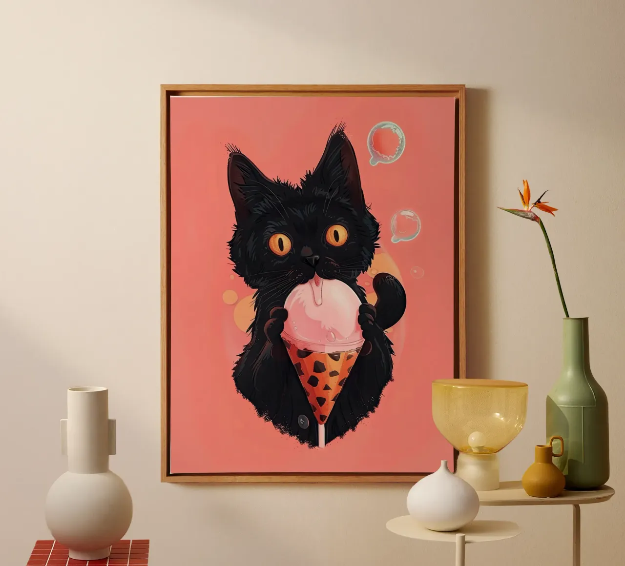 Black Cat with Ice Cream canvas with Floater frame by DaarbyN
