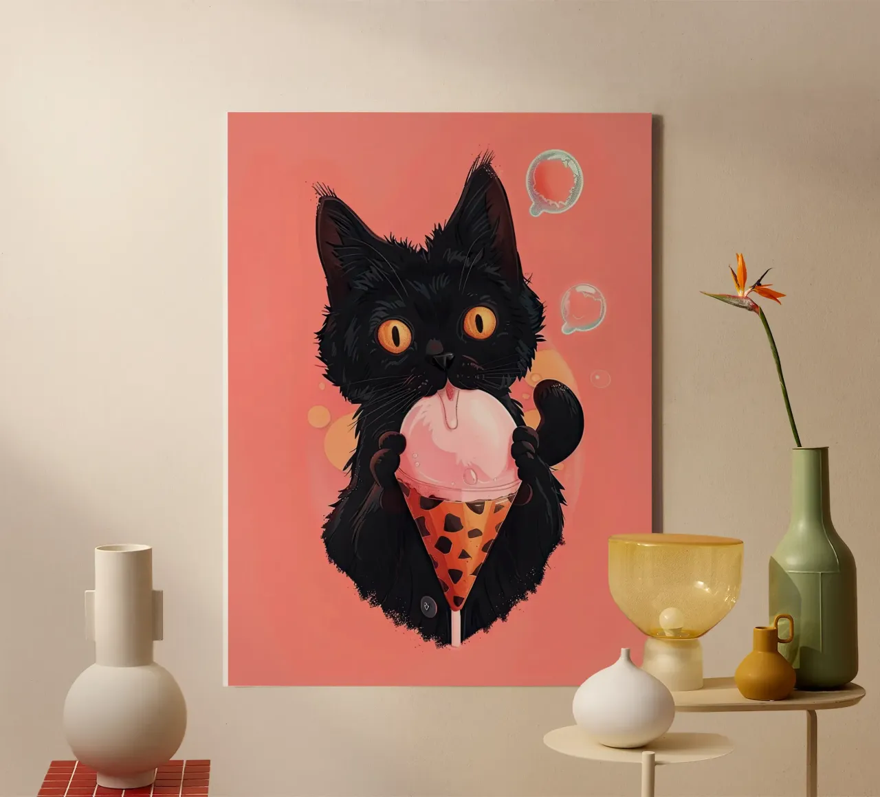 Black Cat with Ice Cream canvas with Floater frame by DaarbyN
