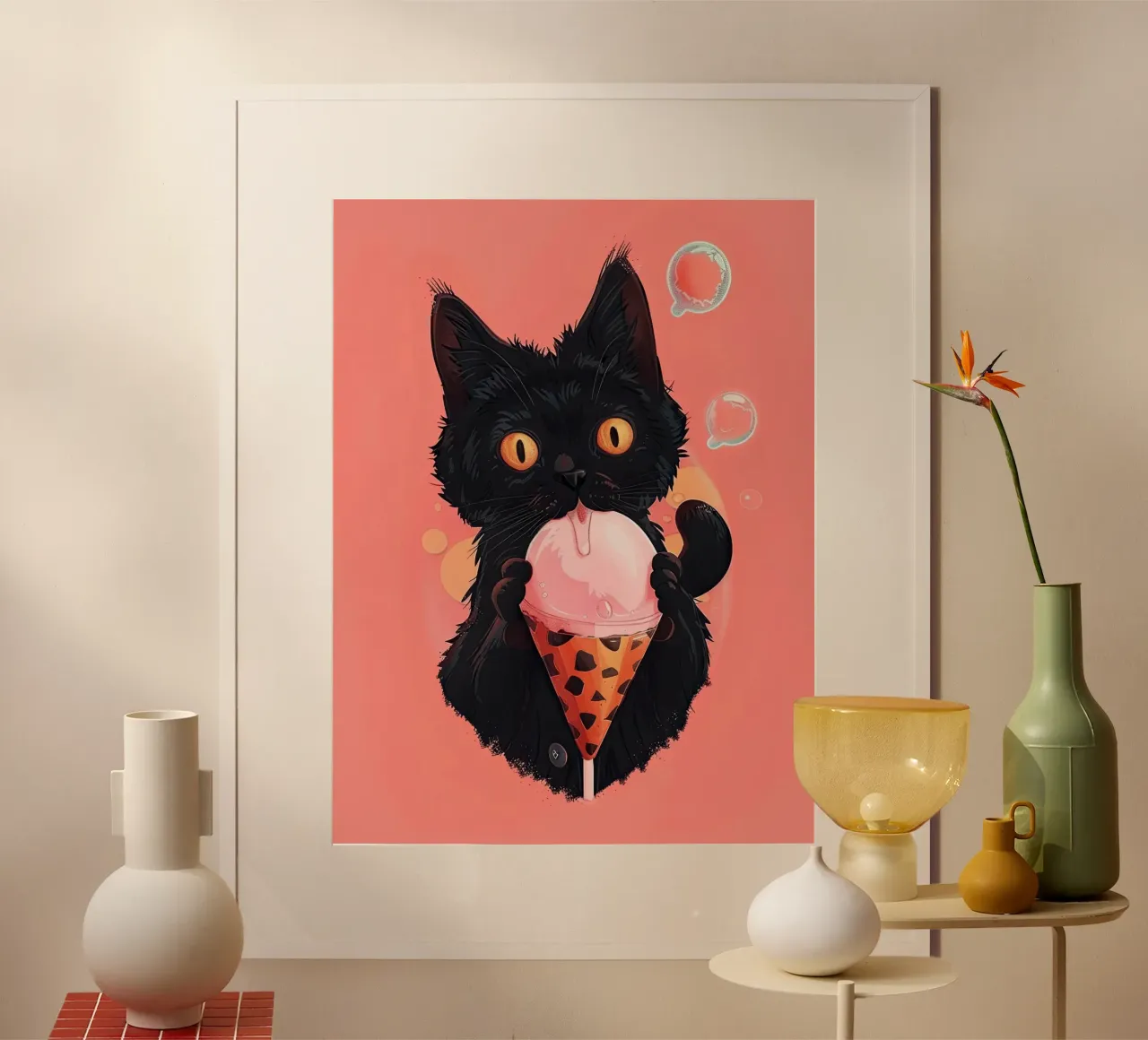 Gatto nero con gelato poster con telaio in alluminio da DaarbyN