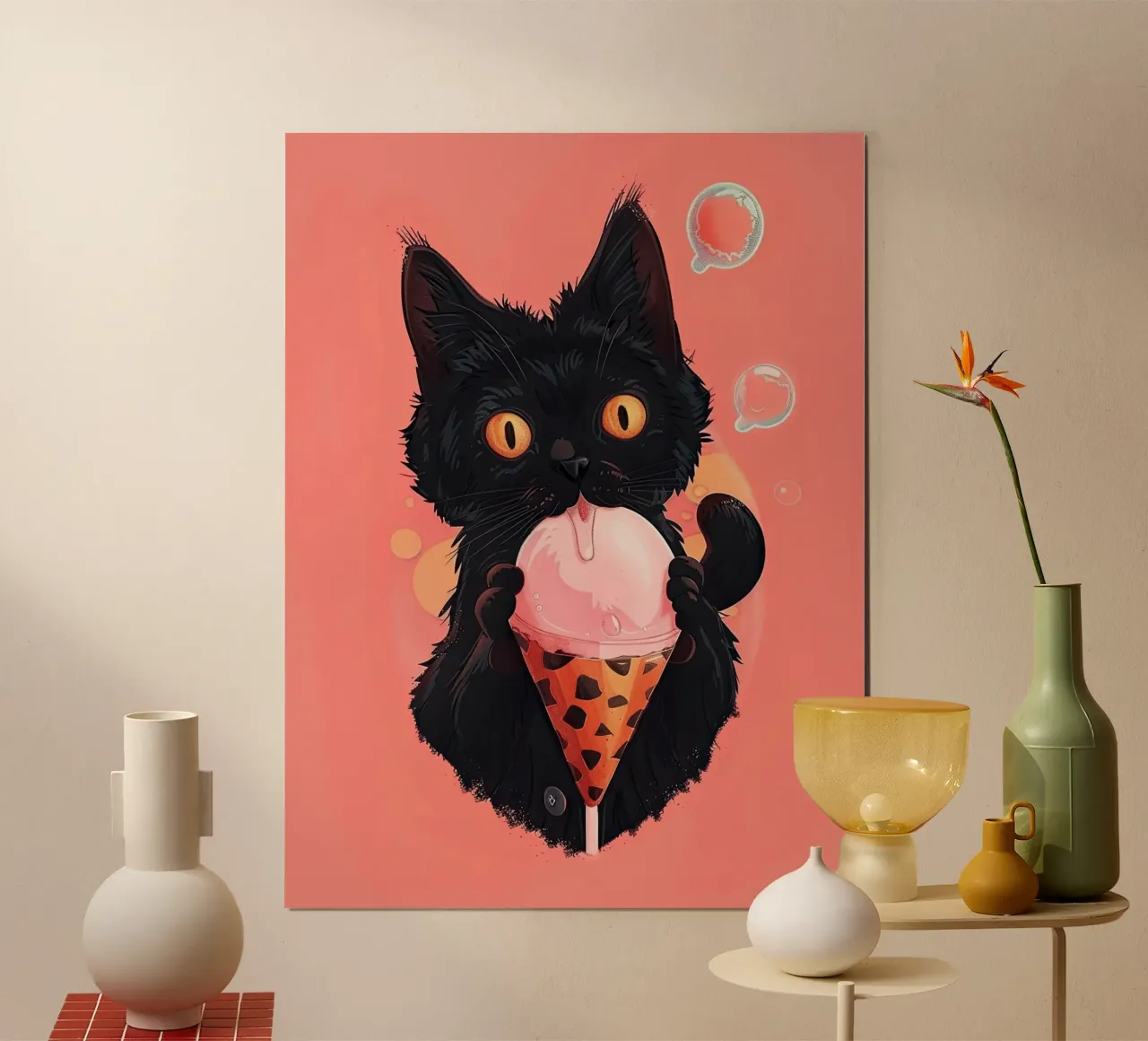 Gatto nero con gelato poster con telaio in alluminio da DaarbyN