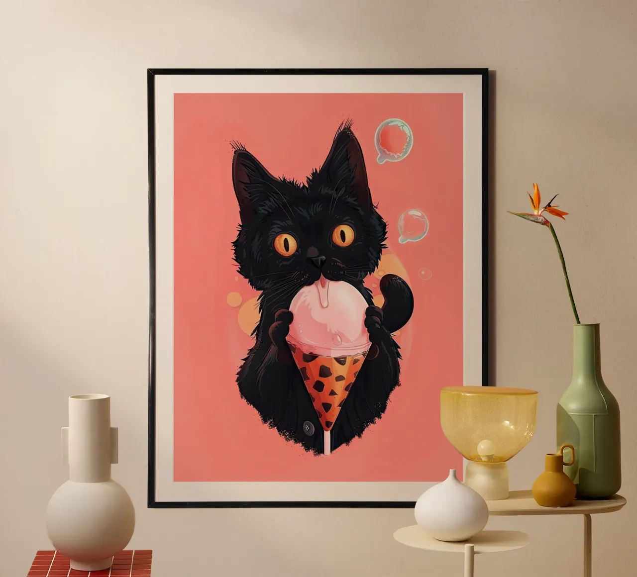 Gatto nero con gelato poster con telaio in alluminio da DaarbyN