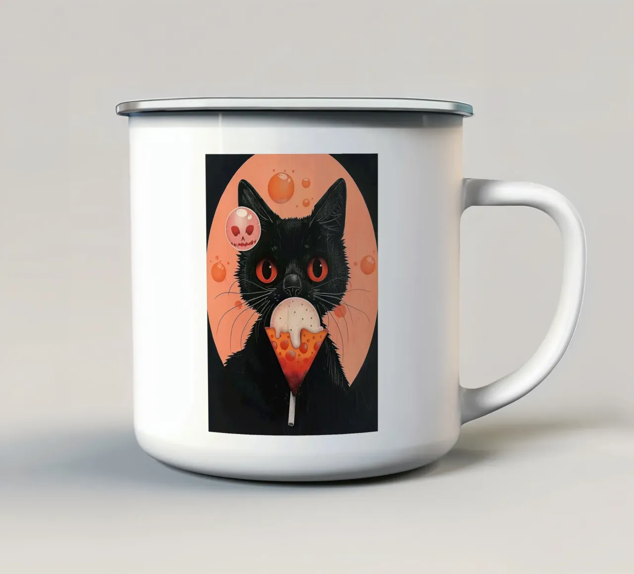 Mystieke kat en drijvende bellen emaille mok van DaarbyN