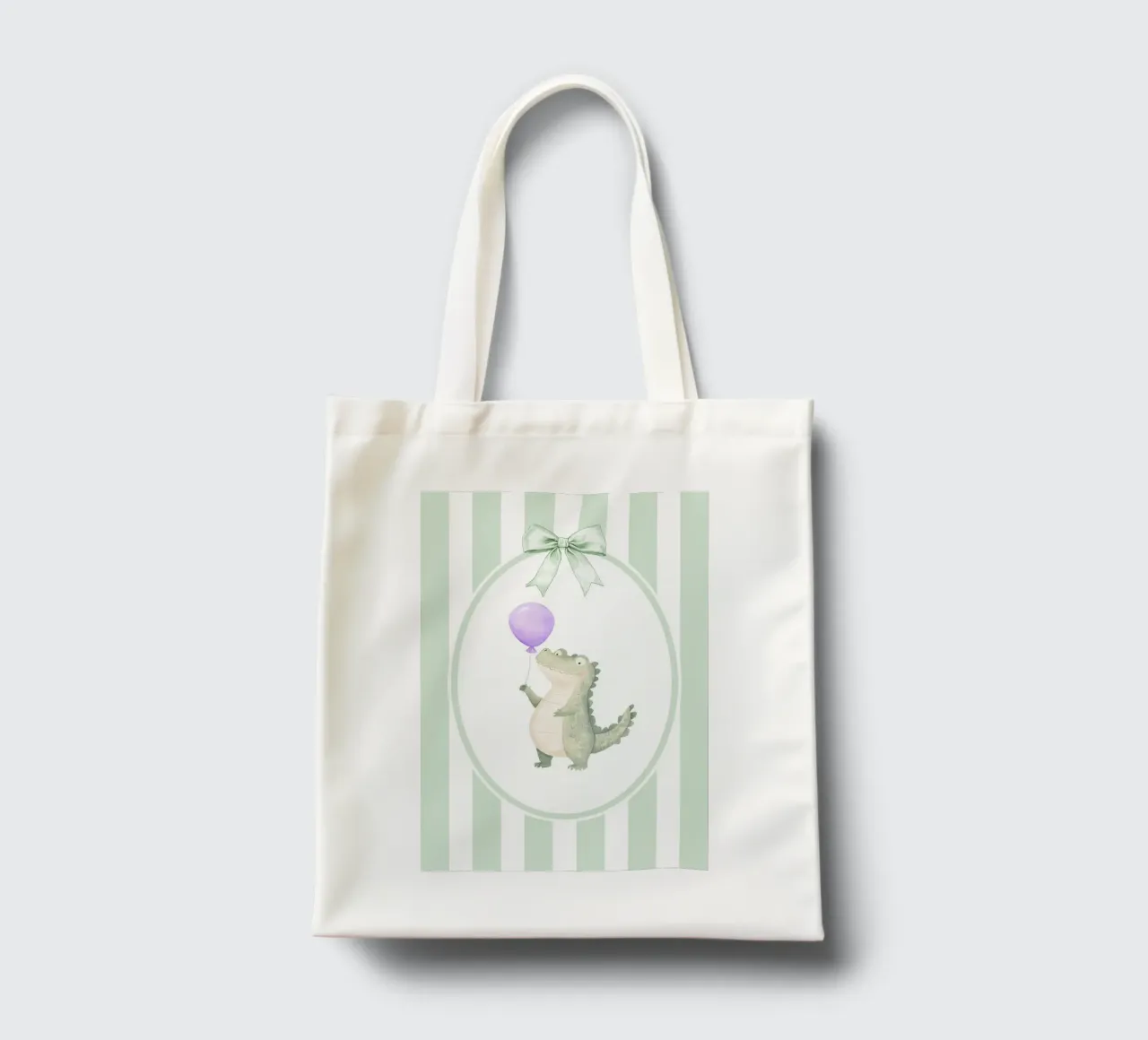 Coccodrillo che tiene in mano un palloncino viola borsa in juta da Jungle Joy Art