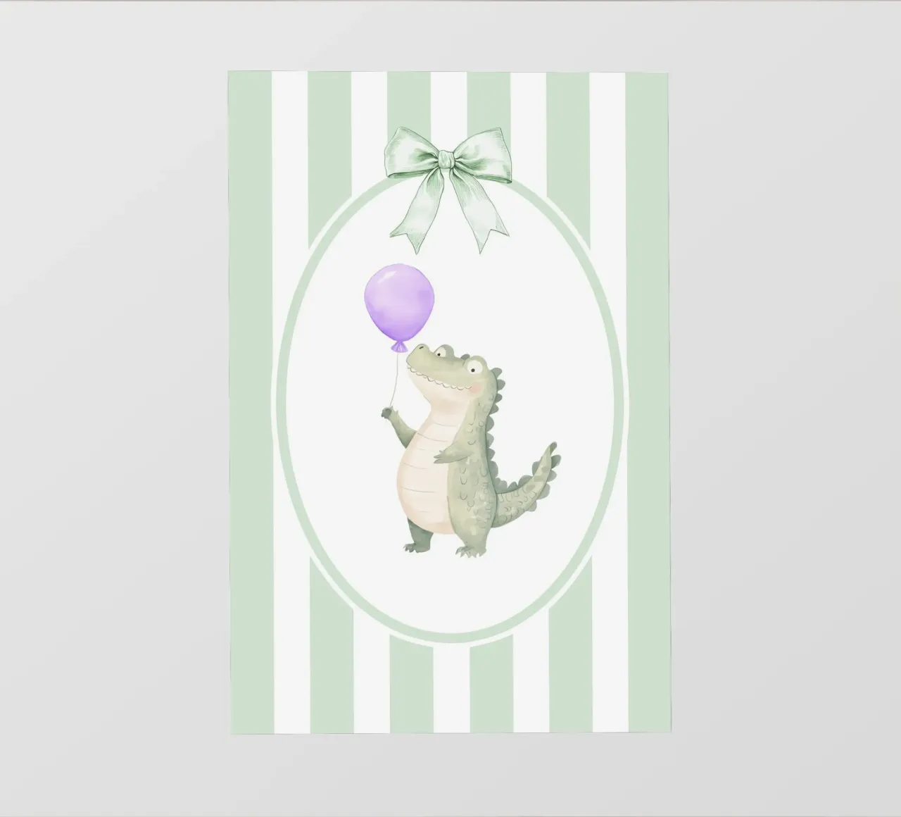 Coccodrillo che tiene in mano un palloncino viola telo in pvc da Jungle Joy Art
