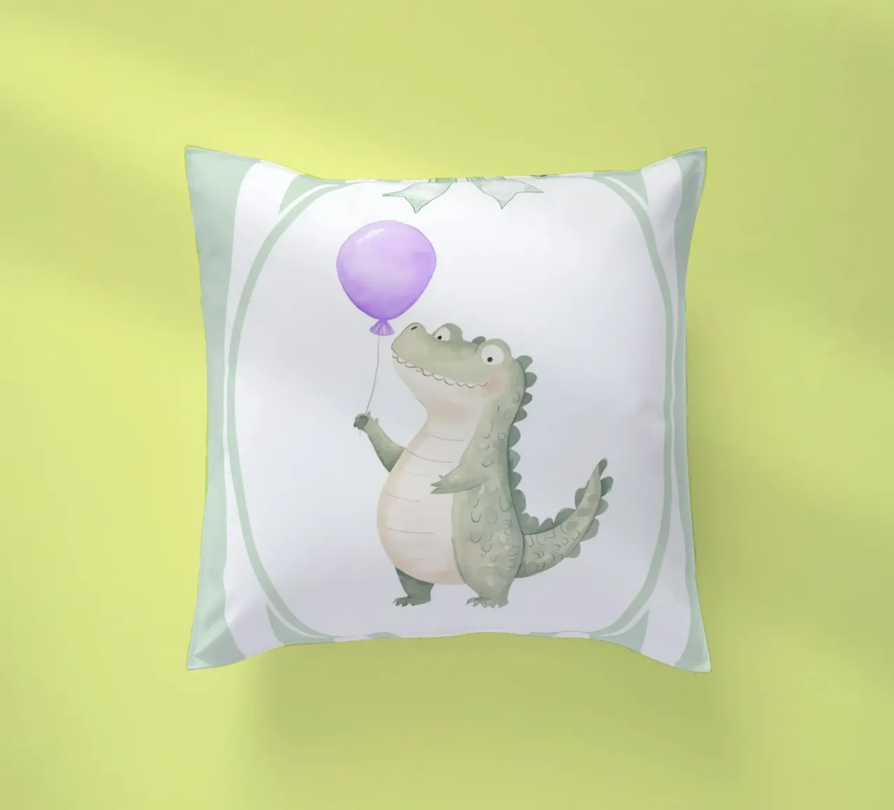 Coccodrillo che tiene in mano un palloncino viola cuscino da Jungle Joy Art