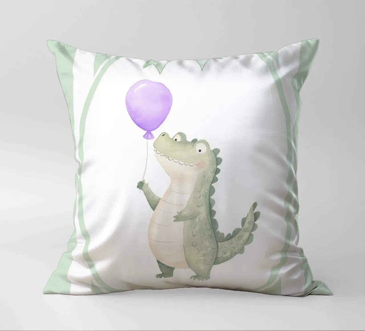 Coccodrillo che tiene in mano un palloncino viola cuscino da Jungle Joy Art