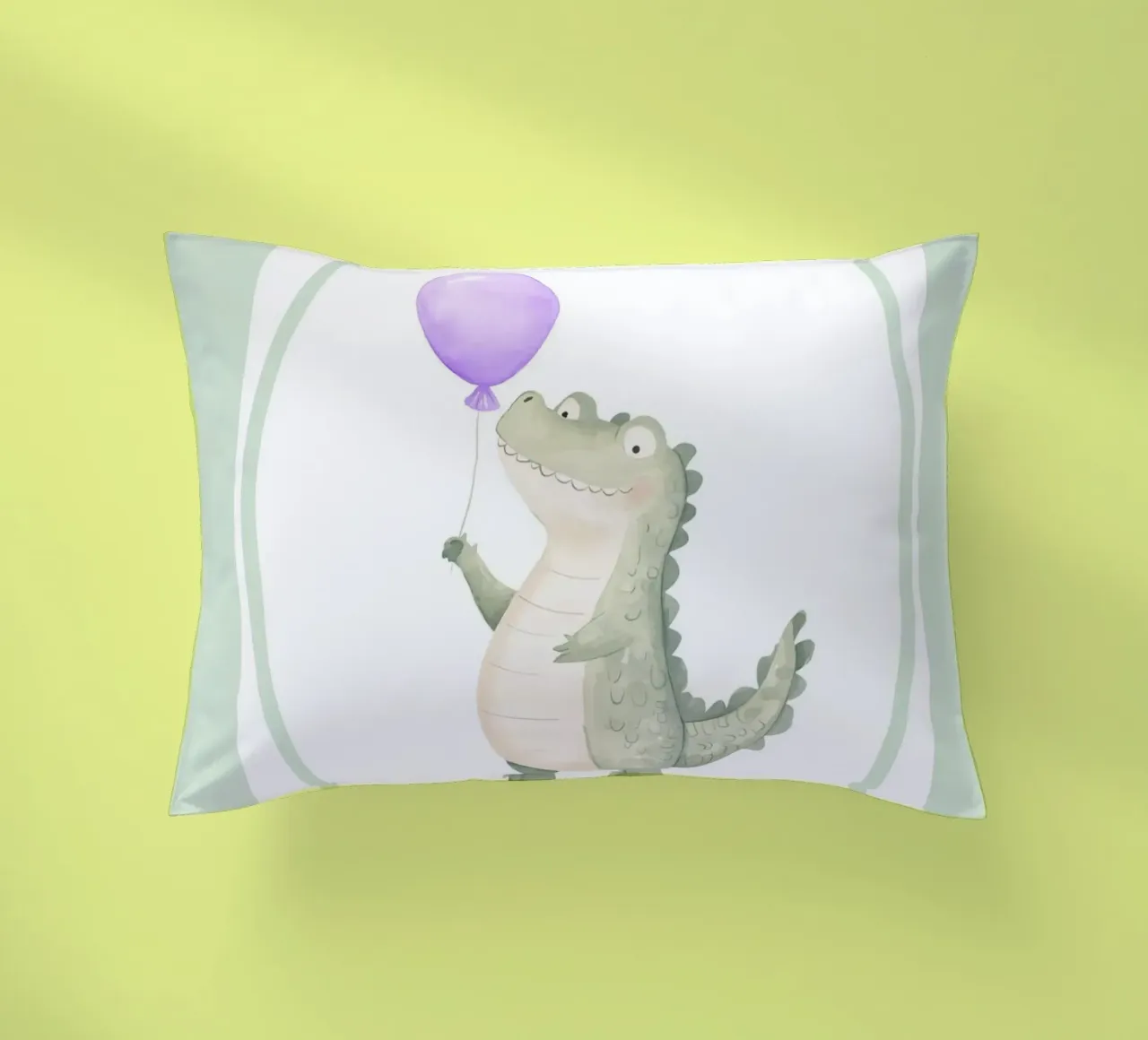 Coccodrillo che tiene in mano un palloncino viola cuscino da Jungle Joy Art