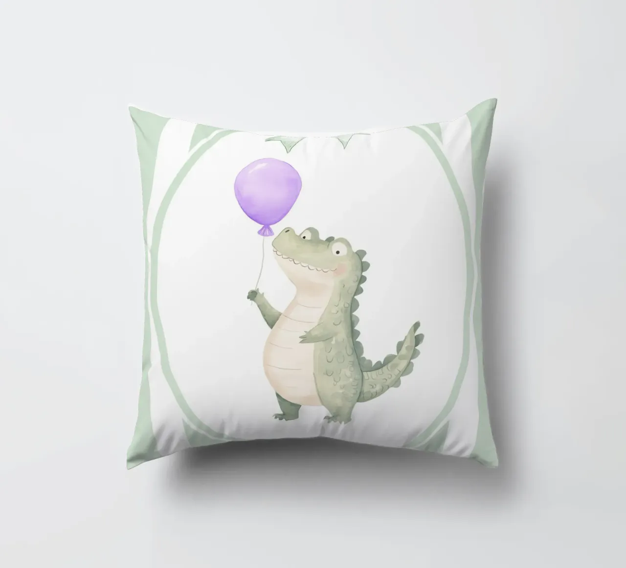 Coccodrillo che tiene in mano un palloncino viola cuscino da Jungle Joy Art