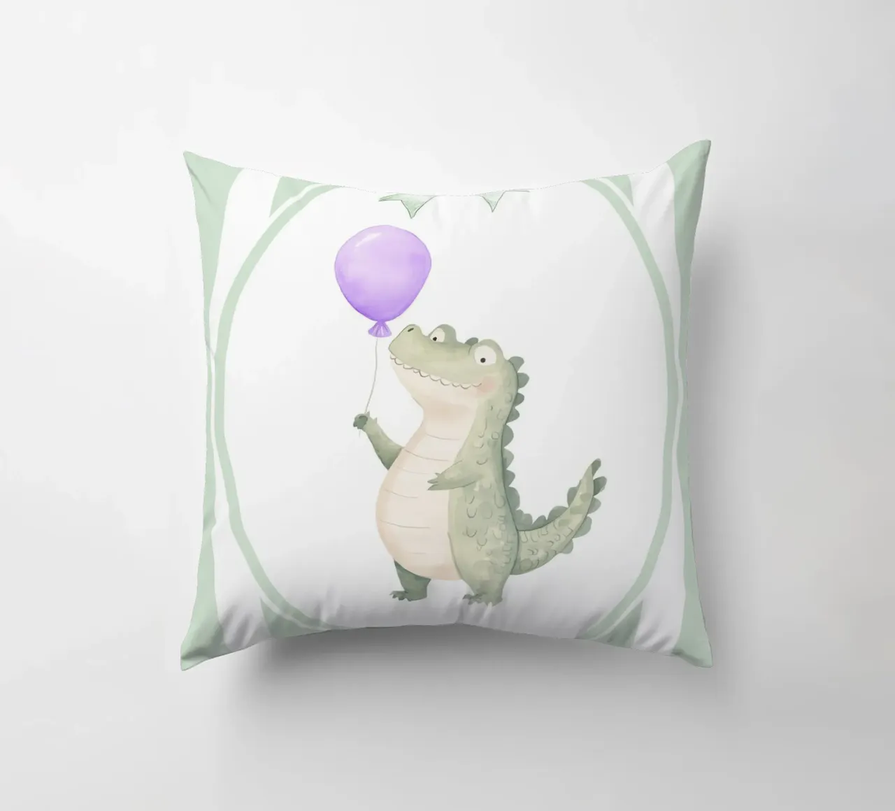 Coccodrillo che tiene in mano un palloncino viola cuscino da Jungle Joy Art