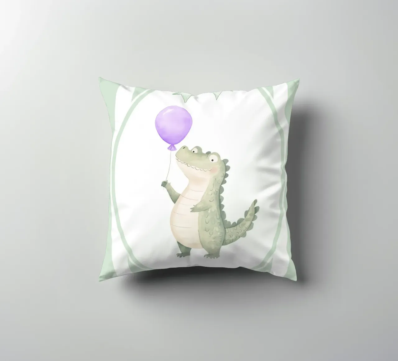Coccodrillo che tiene in mano un palloncino viola cuscino da Jungle Joy Art