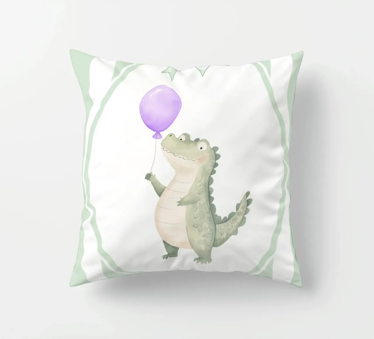 Coccodrillo che tiene in mano un palloncino viola cuscino da Jungle Joy Art