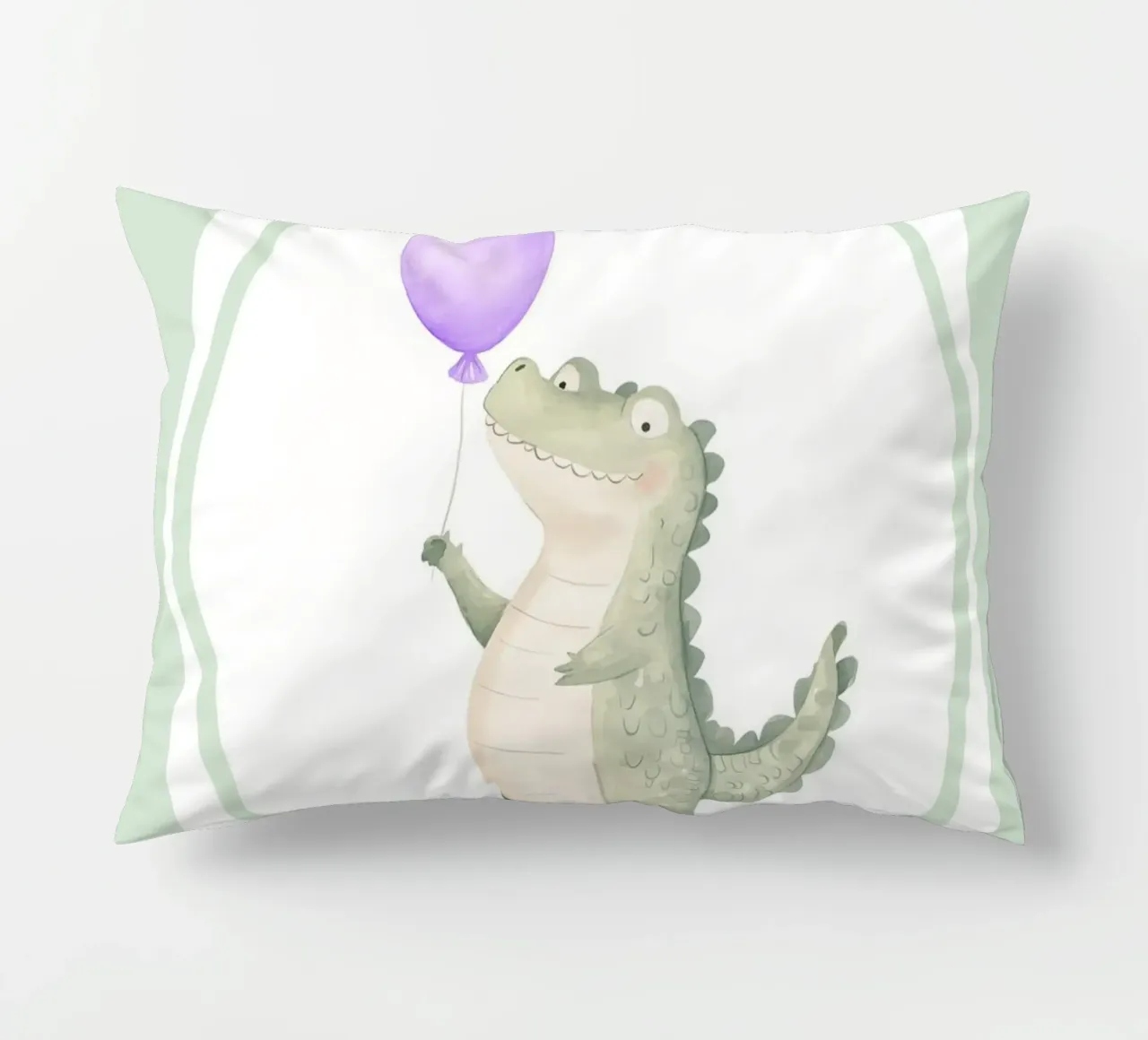 Coccodrillo che tiene in mano un palloncino viola cuscino da Jungle Joy Art