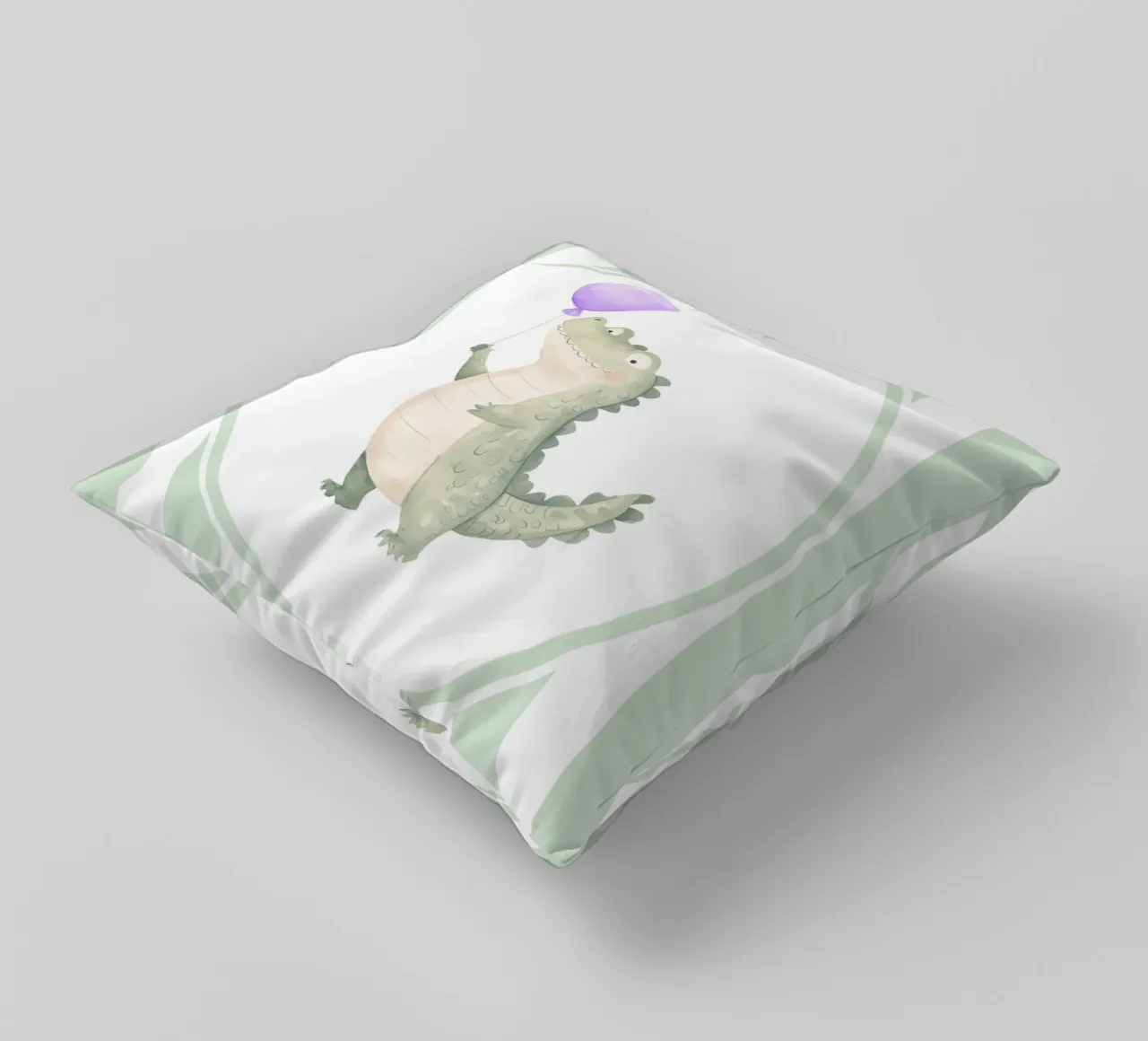 Coccodrillo che tiene in mano un palloncino viola cuscino da Jungle Joy Art