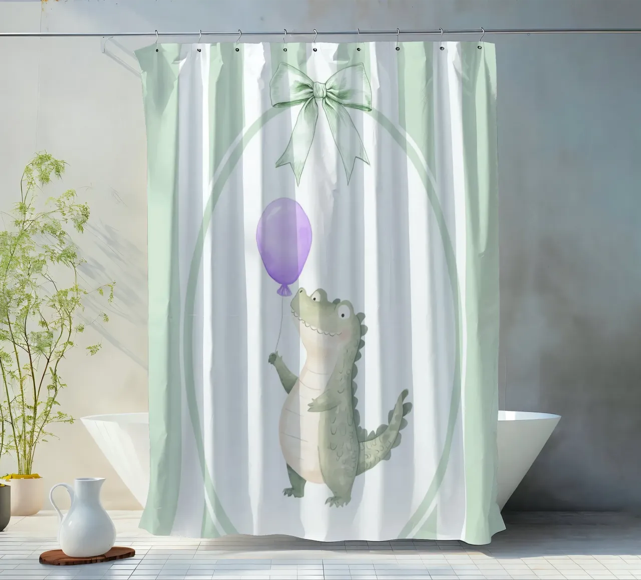 Coccodrillo che tiene in mano un palloncino viola tenda da doccia da Jungle Joy Art