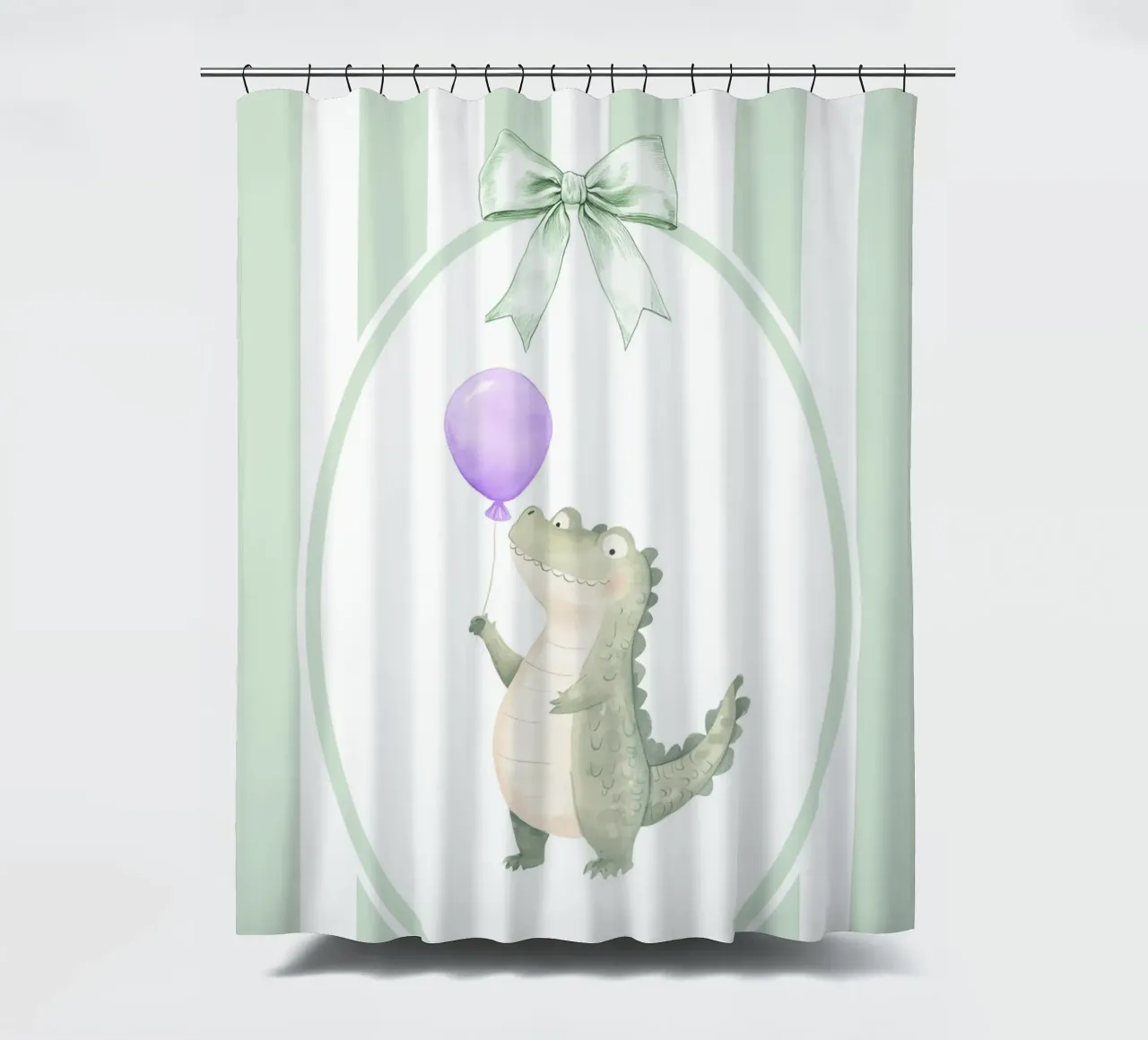 Coccodrillo che tiene in mano un palloncino viola tenda da doccia da Jungle Joy Art