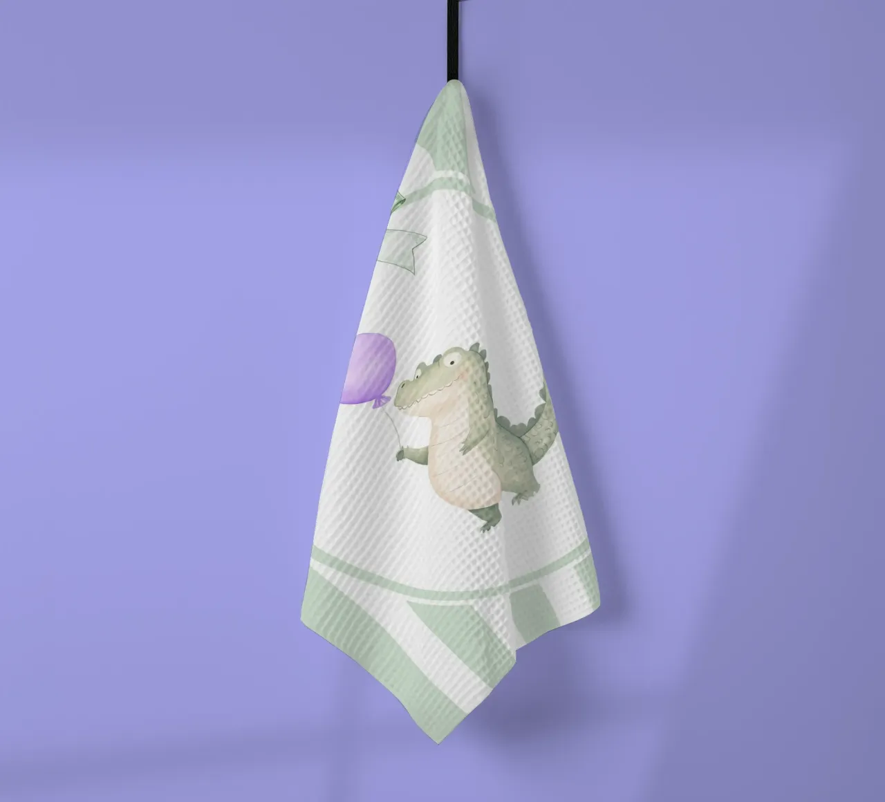 Coccodrillo che tiene in mano un palloncino viola canovaccio da cucina da Jungle Joy Art
