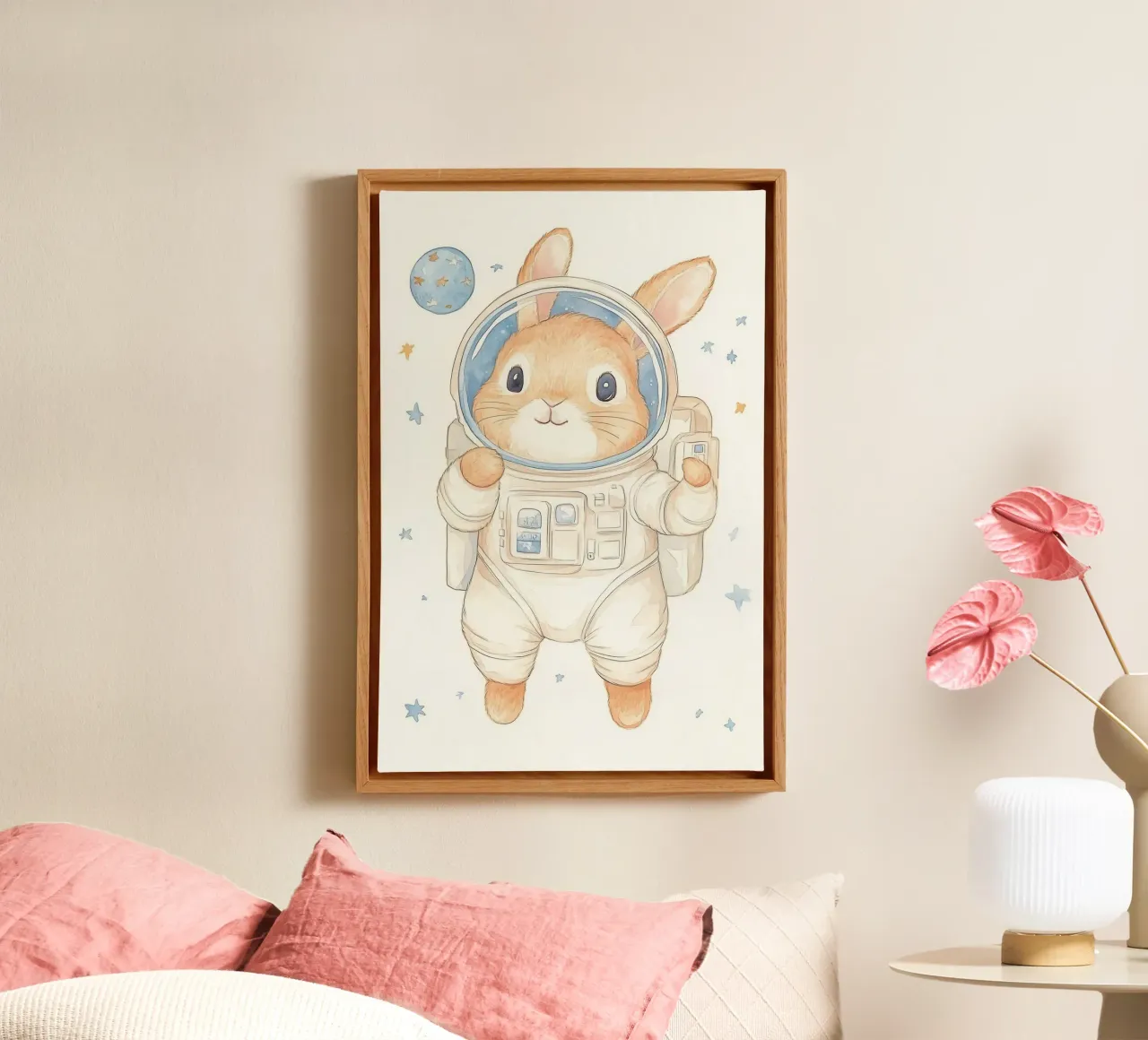 Rabbit Astronaut in Space canvas with Floater frame by Jungle Joy Art