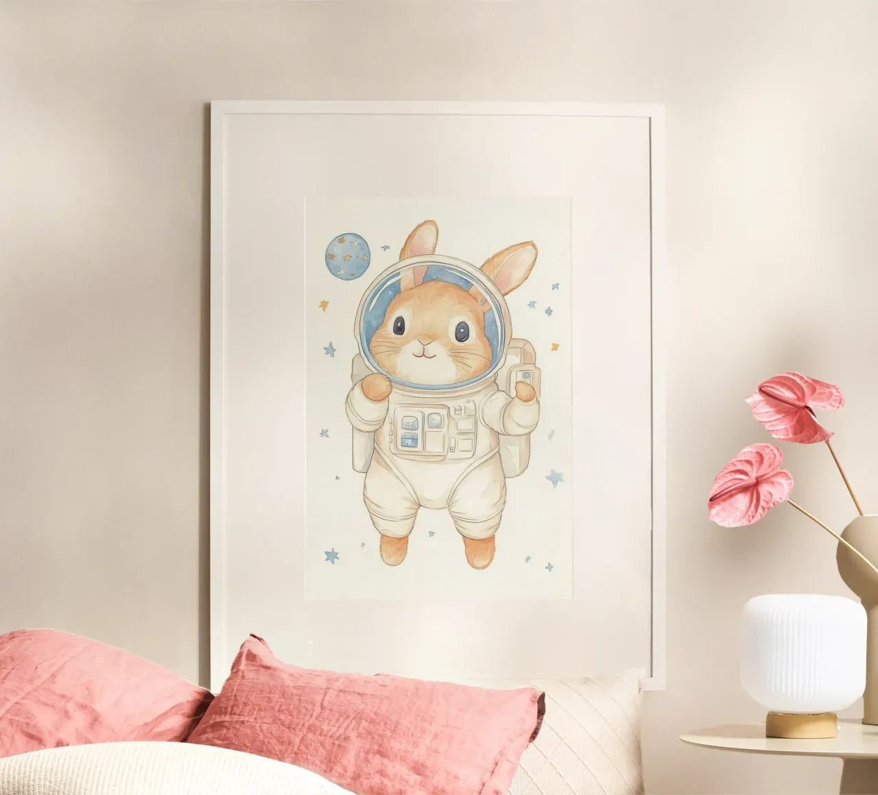 Coniglio astronauta nello spazio poster con telaio in alluminio da Jungle Joy Art