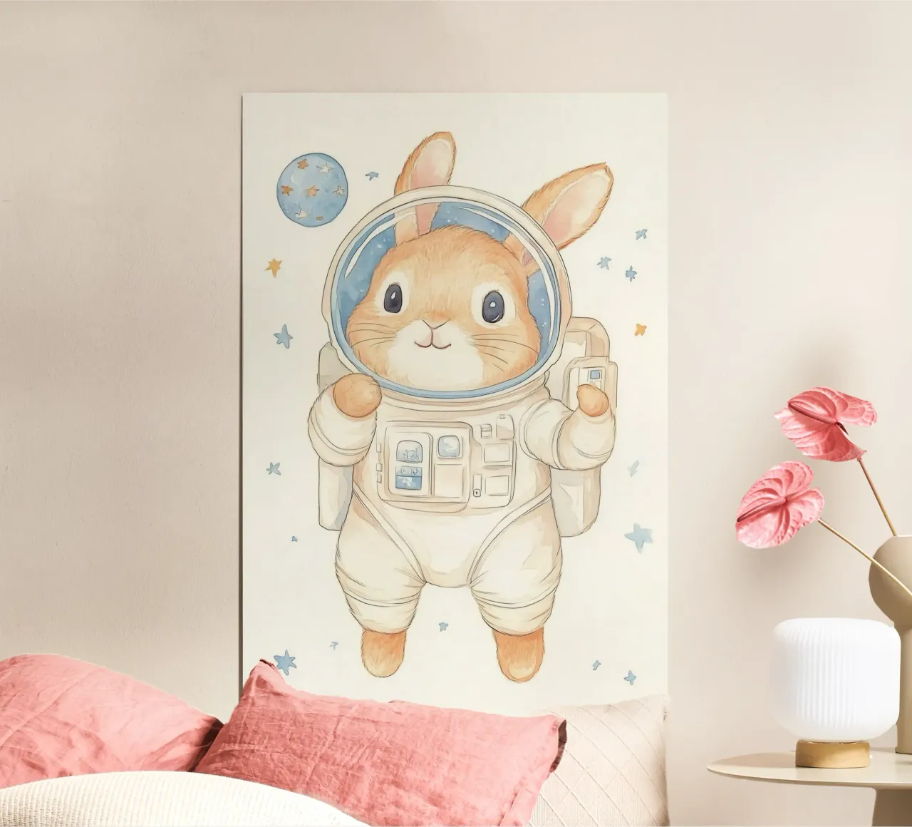 Coniglio astronauta nello spazio poster con telaio in alluminio da Jungle Joy Art