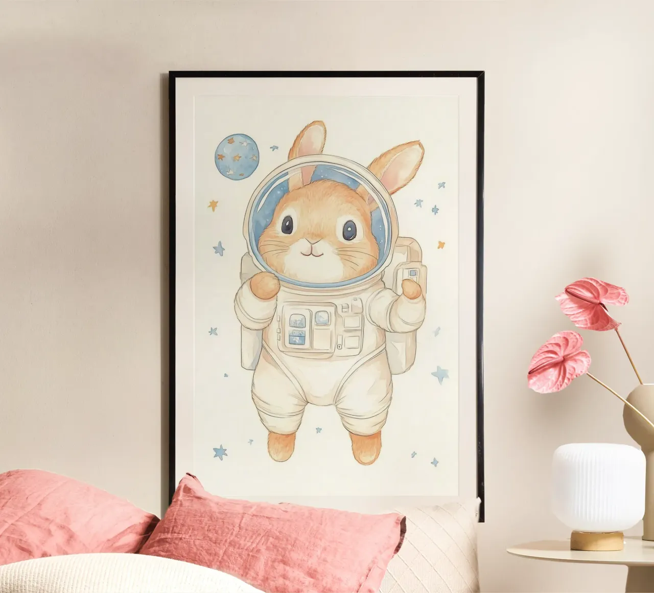 Coniglio astronauta nello spazio poster con telaio in alluminio da Jungle Joy Art