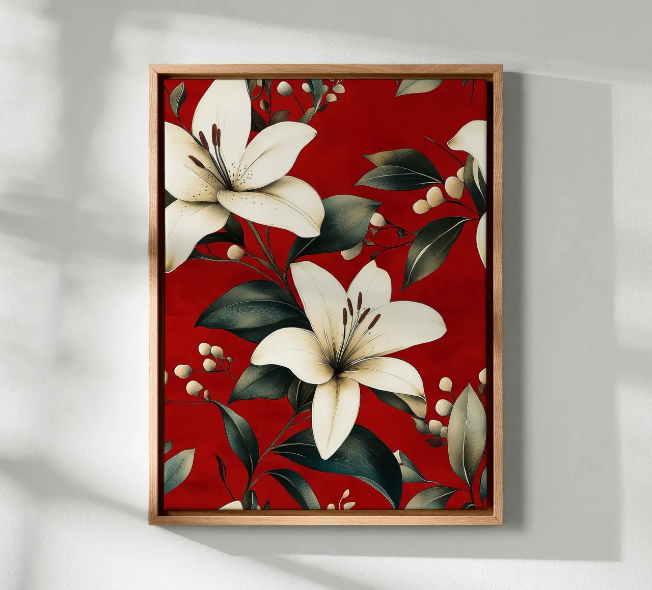 White lilies on a red background canvas with Floater frame by Flora & Horizon