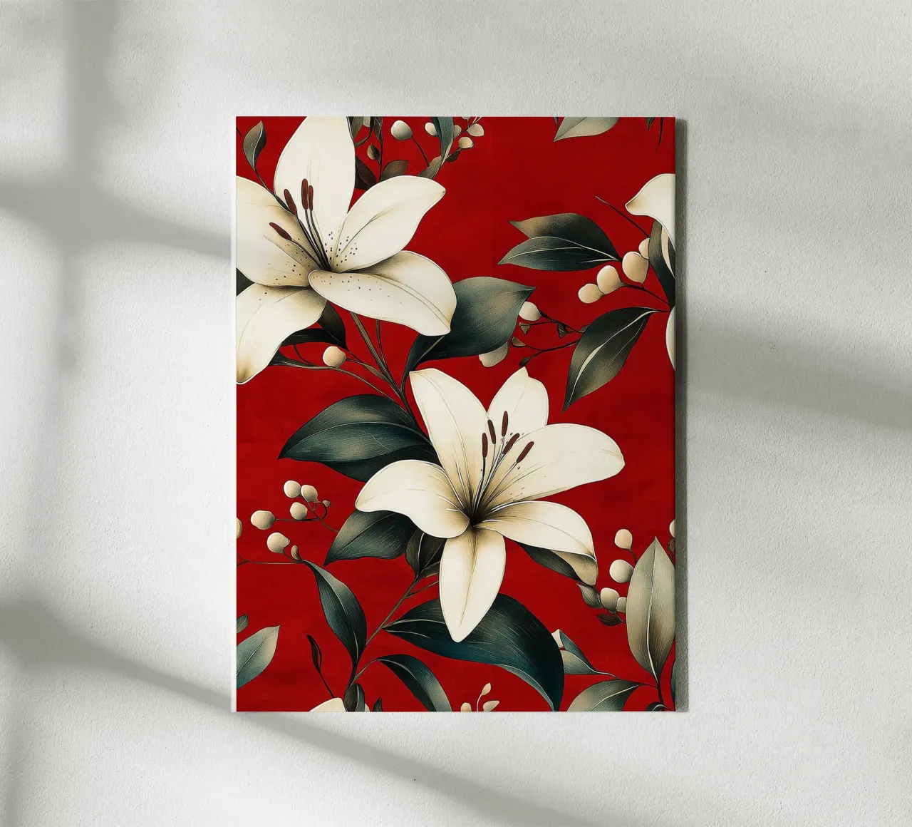 White lilies on a red background canvas with Floater frame by Flora & Horizon