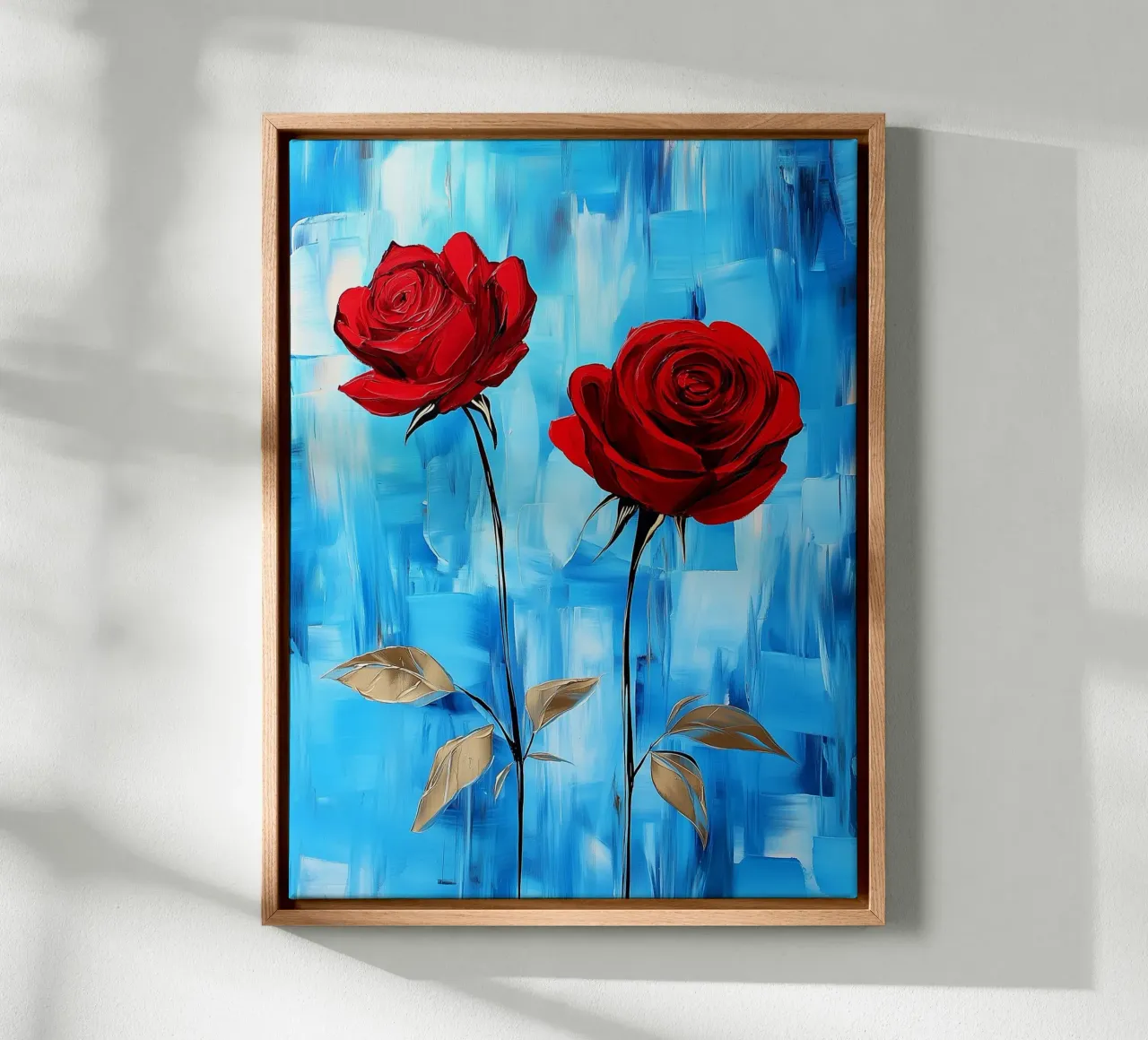 Red roses on a blue background canvas with Floater frame by Flora & Horizon