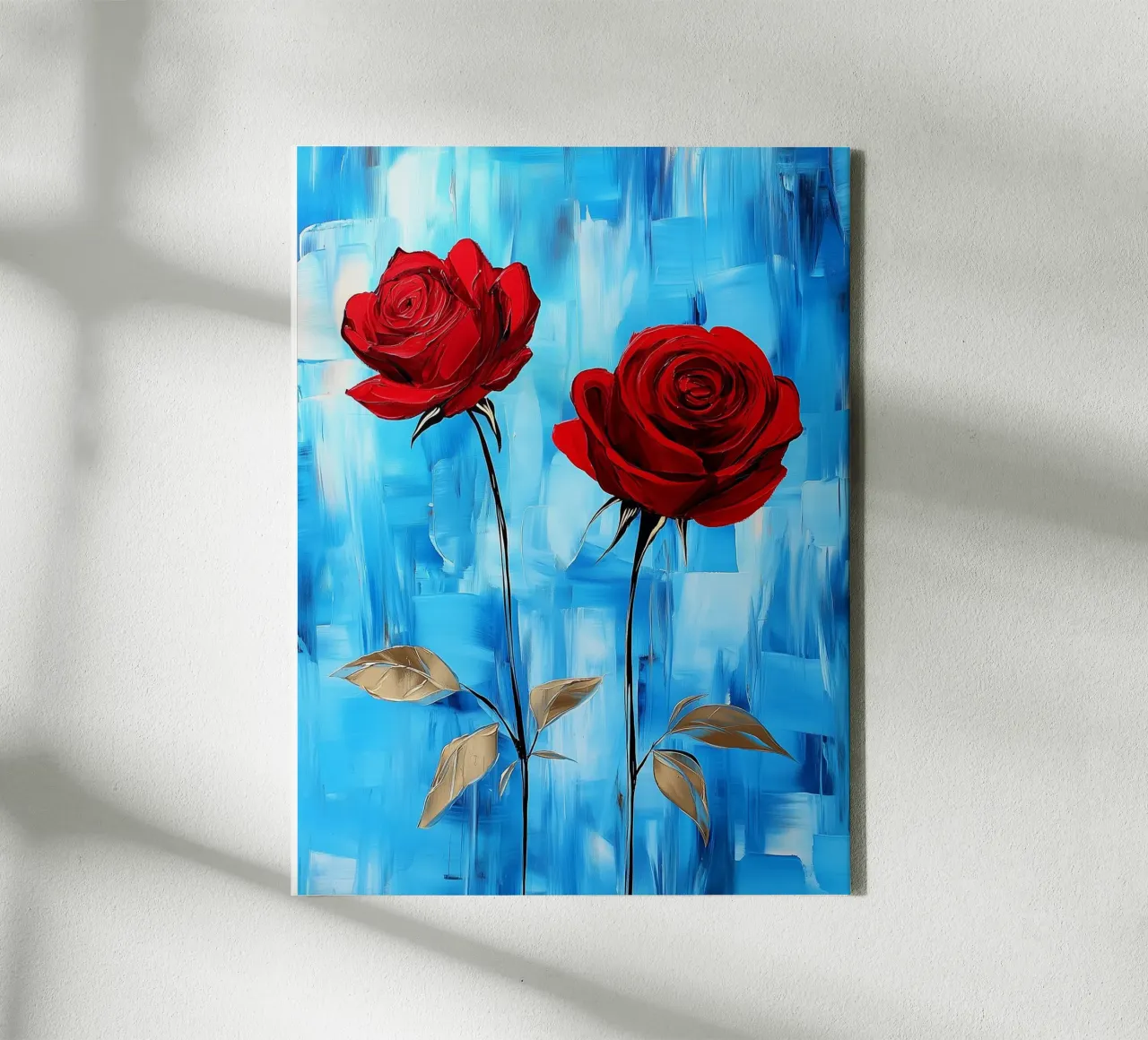 Red roses on a blue background canvas with Floater frame by Flora & Horizon