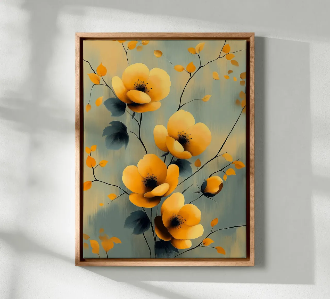 Gele bloemen op pastelkleurige achtergrond canvas met Baklijst van Flora & Horizon