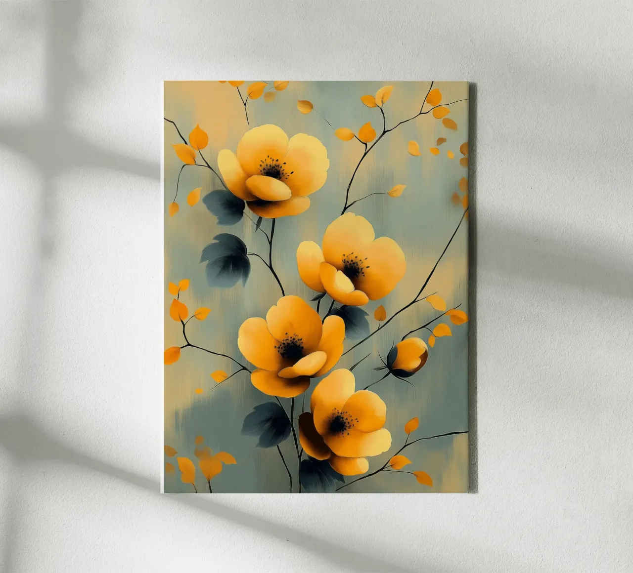 Gele bloemen op pastelkleurige achtergrond canvas met Baklijst van Flora & Horizon