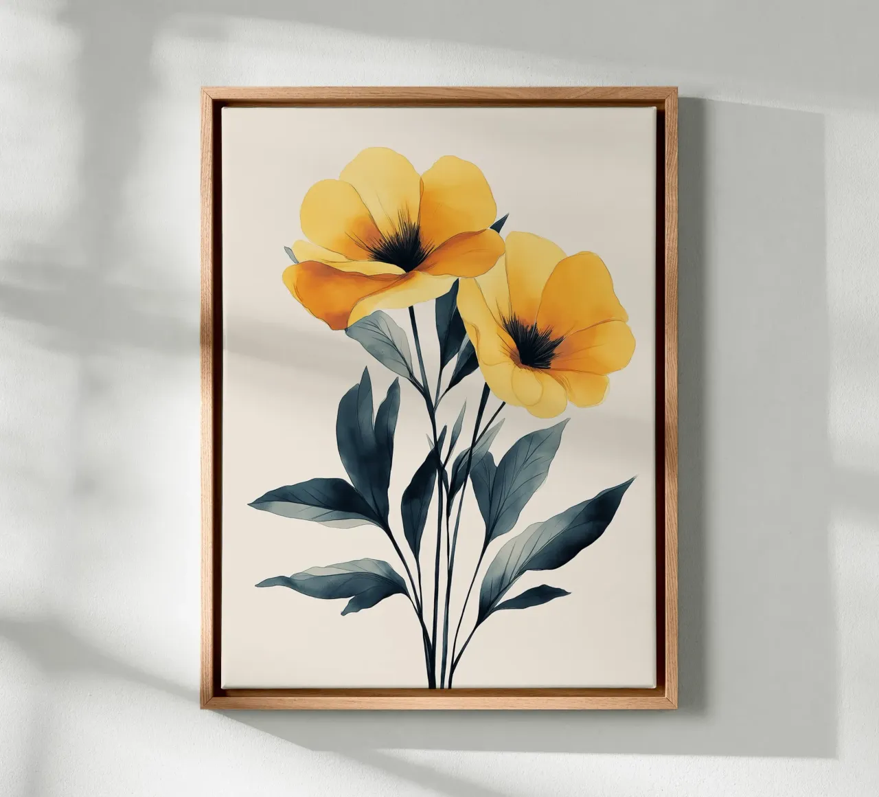 Gele bloemen op een lichte achtergrond canvas met Baklijst van Flora & Horizon