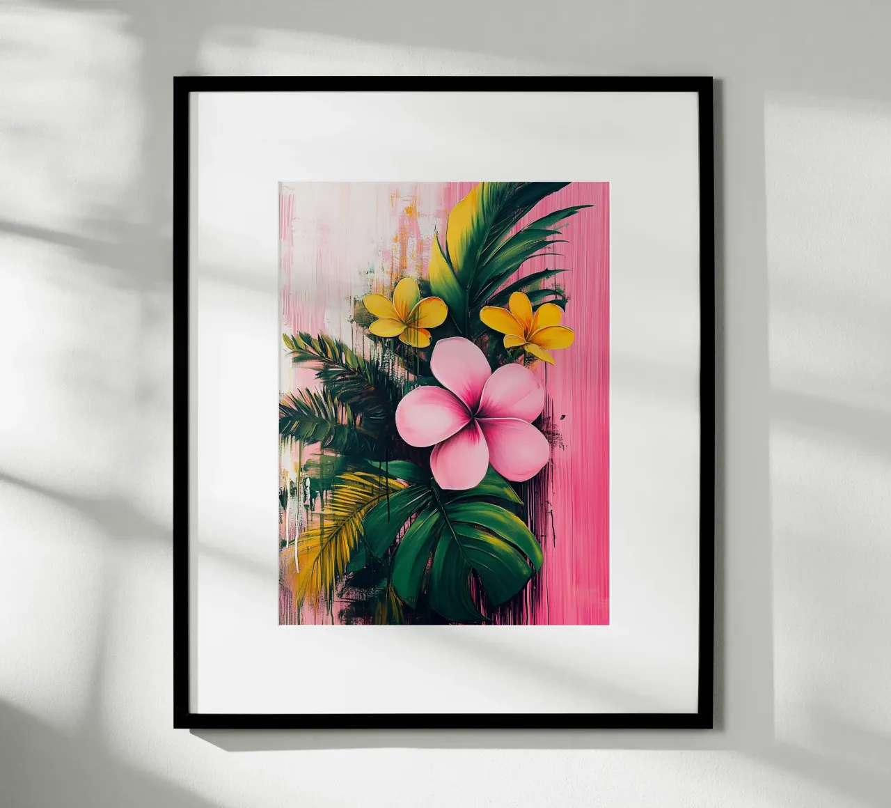 Illustrazione tropicale con fiori rosa e gialli poster con telaio in alluminio da Flora & Horizon
