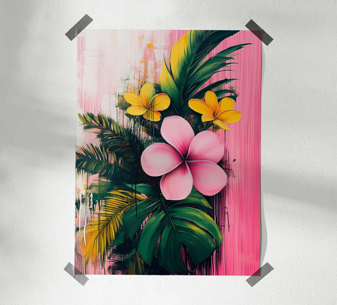 Illustrazione tropicale con fiori rosa e gialli poster con telaio in alluminio da Flora & Horizon