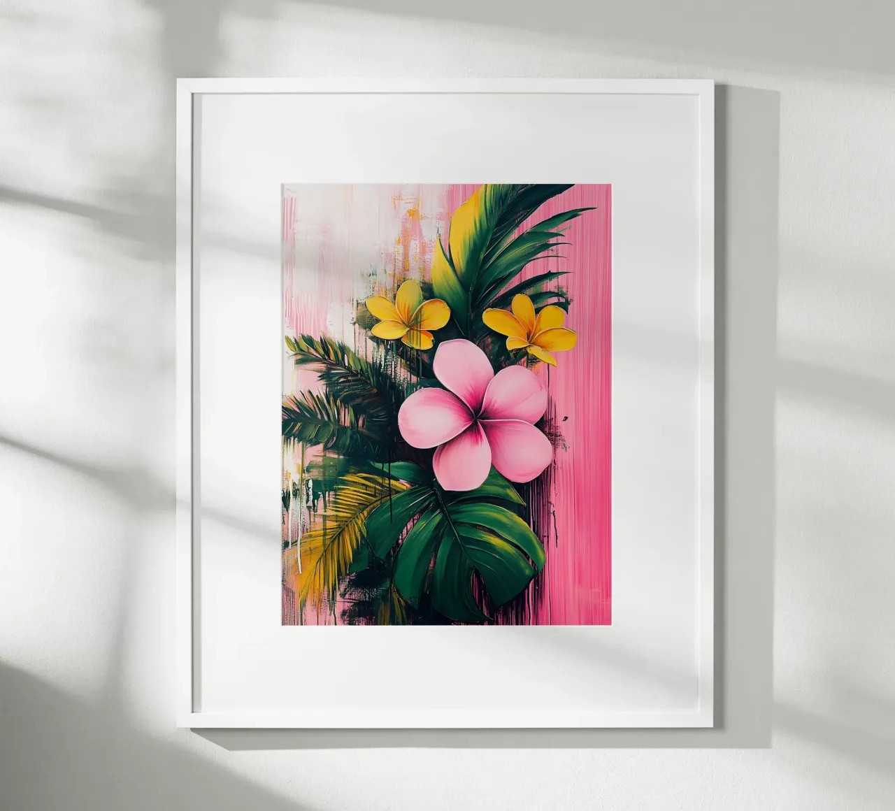 Illustrazione tropicale con fiori rosa e gialli poster con telaio in alluminio da Flora & Horizon