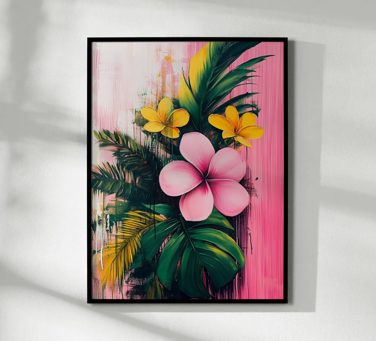 Illustrazione tropicale con fiori rosa e gialli poster con telaio in alluminio da Flora & Horizon