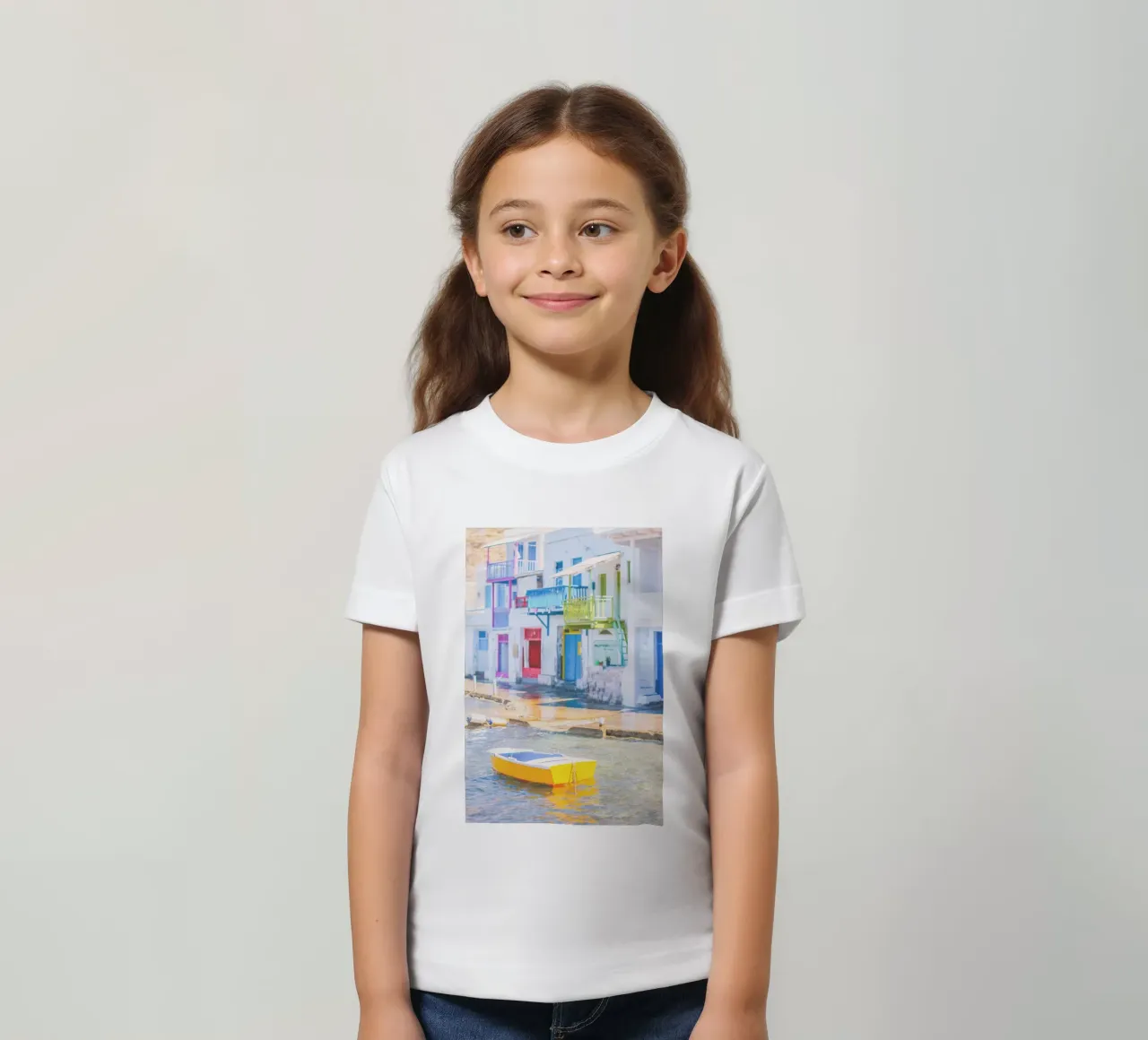 Milos, Greece I Yellow boat in the fishing port village of Klima kids t-shirt by Julie Travel Photography