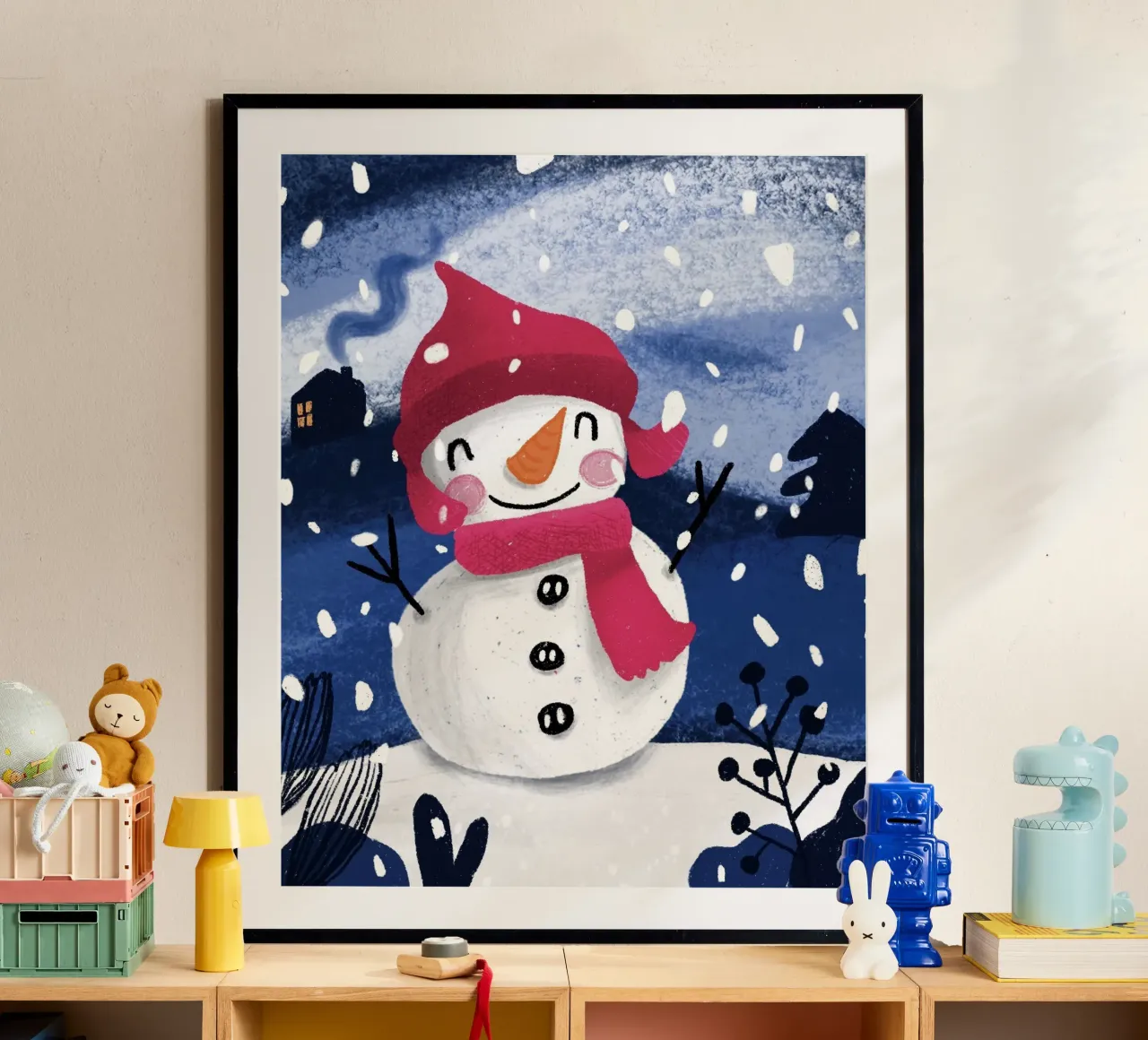 Fröhlicher Schneemann - Winterlandschaft l poster con telaio in plastica da Honigbrombeere