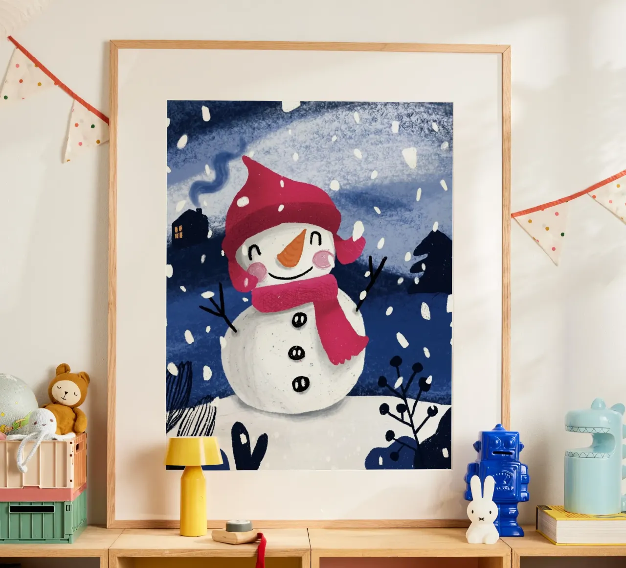 Fröhlicher Schneemann - Winterlandschaft l poster con telaio in plastica da Honigbrombeere