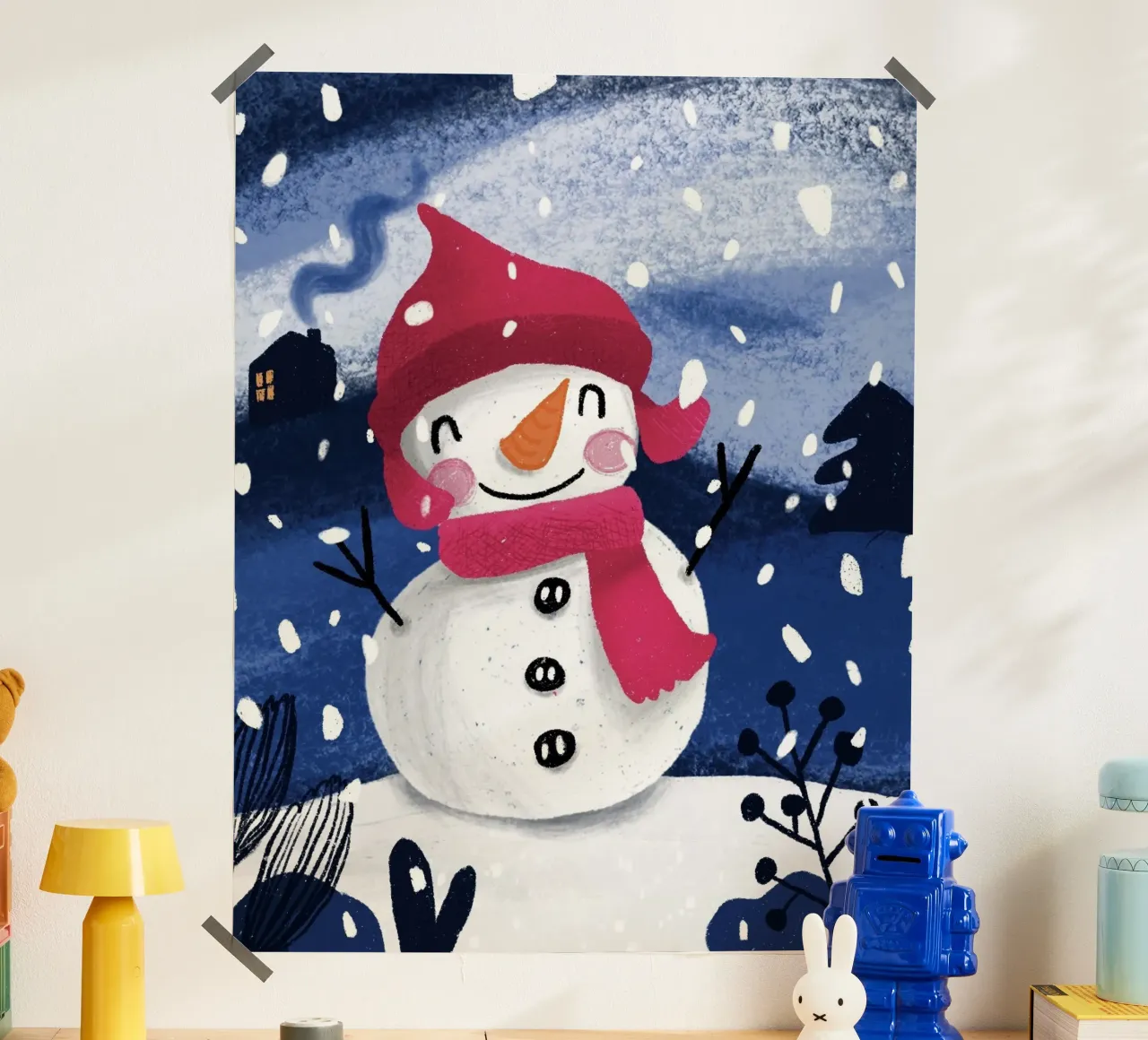 Fröhlicher Schneemann - Winterlandschaft l poster con telaio in plastica da Honigbrombeere