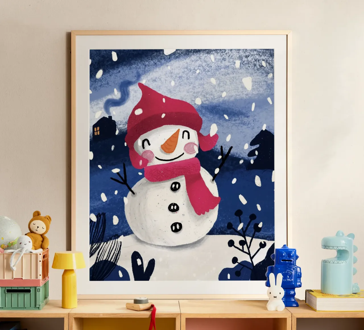 Fröhlicher Schneemann - Winterlandschaft l poster con telaio in plastica da Honigbrombeere