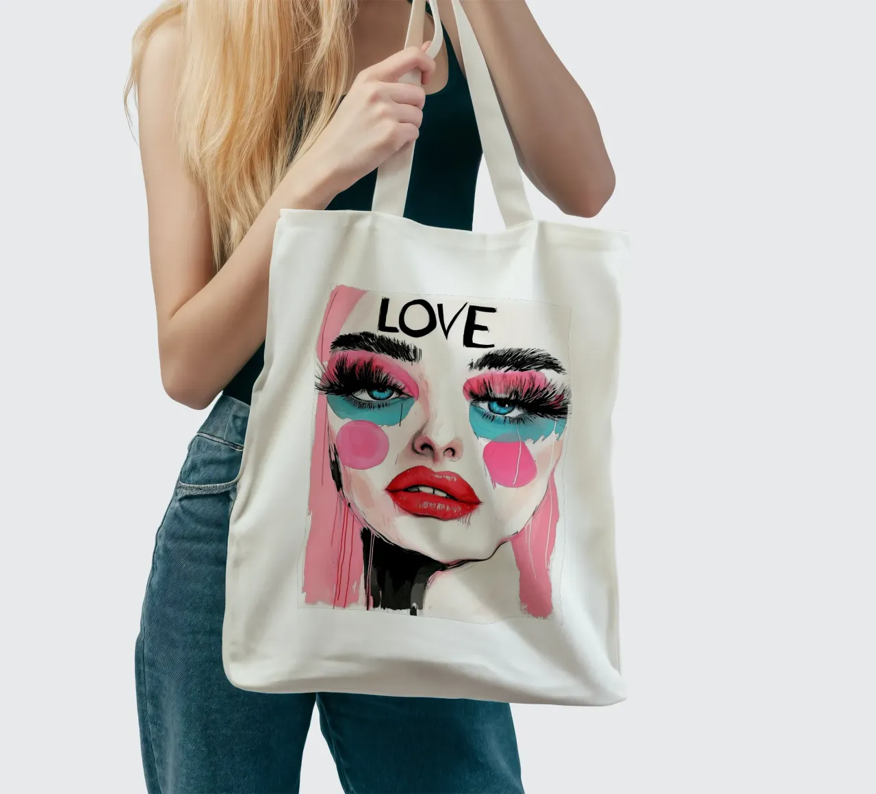Amore donna ritratto text art borsa in juta da Justyna Jaszke JBJart