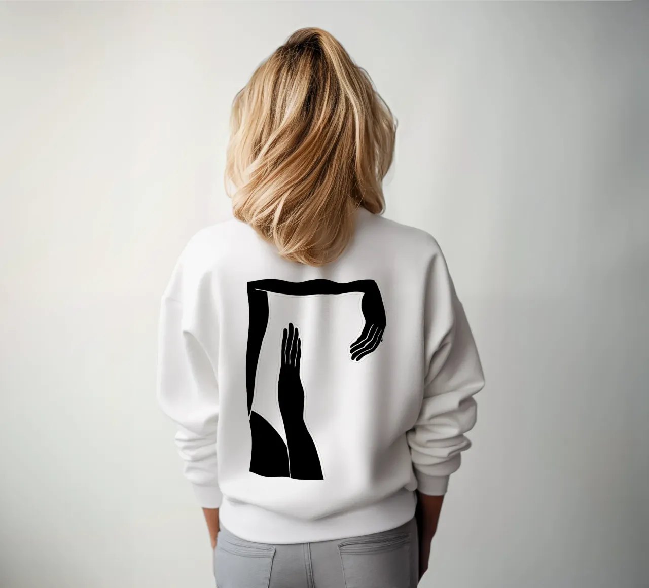 Touching shadows: Abstract hand gestures in black and white sweatshirt by Kunst und Kontrast